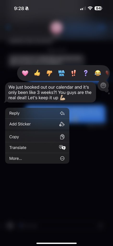 Client text message: We just booked out our calendar and it's only been like 3 weeks?! You guys are the real deal!