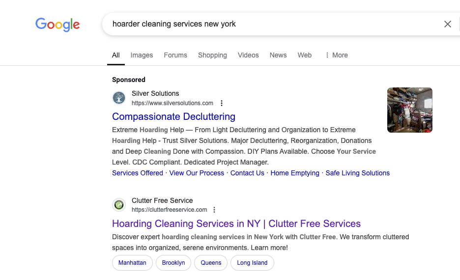 Google search results showing Clutter Free Service ranking for "hoarder cleaning services new york"