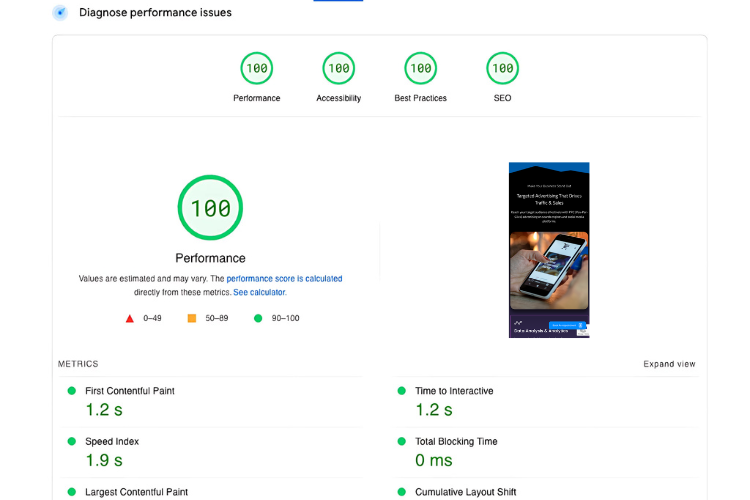 Google PageSpeed Lighthouse showing perfect 100 scores across Performance, Accessibility, Best Practices, and SEO