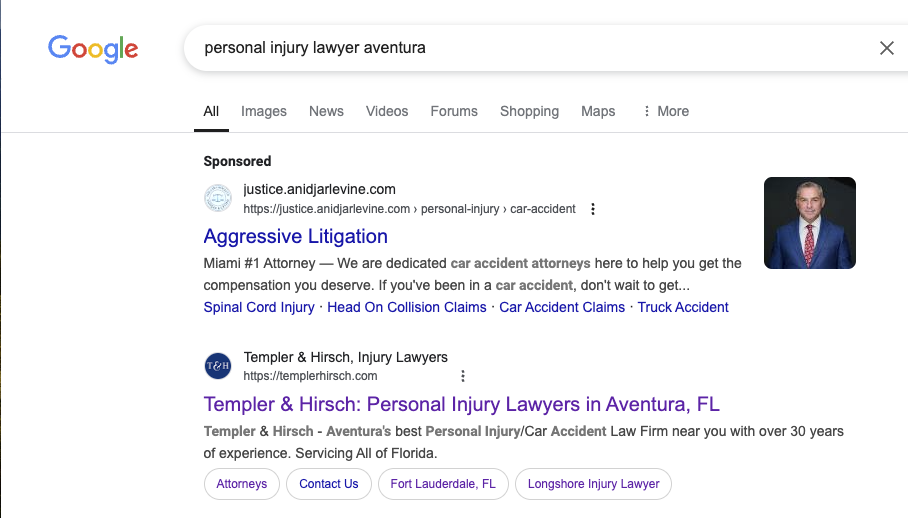 Google search results showing Templer & Hirsch ranking #2 for "personal injury lawyer aventura"